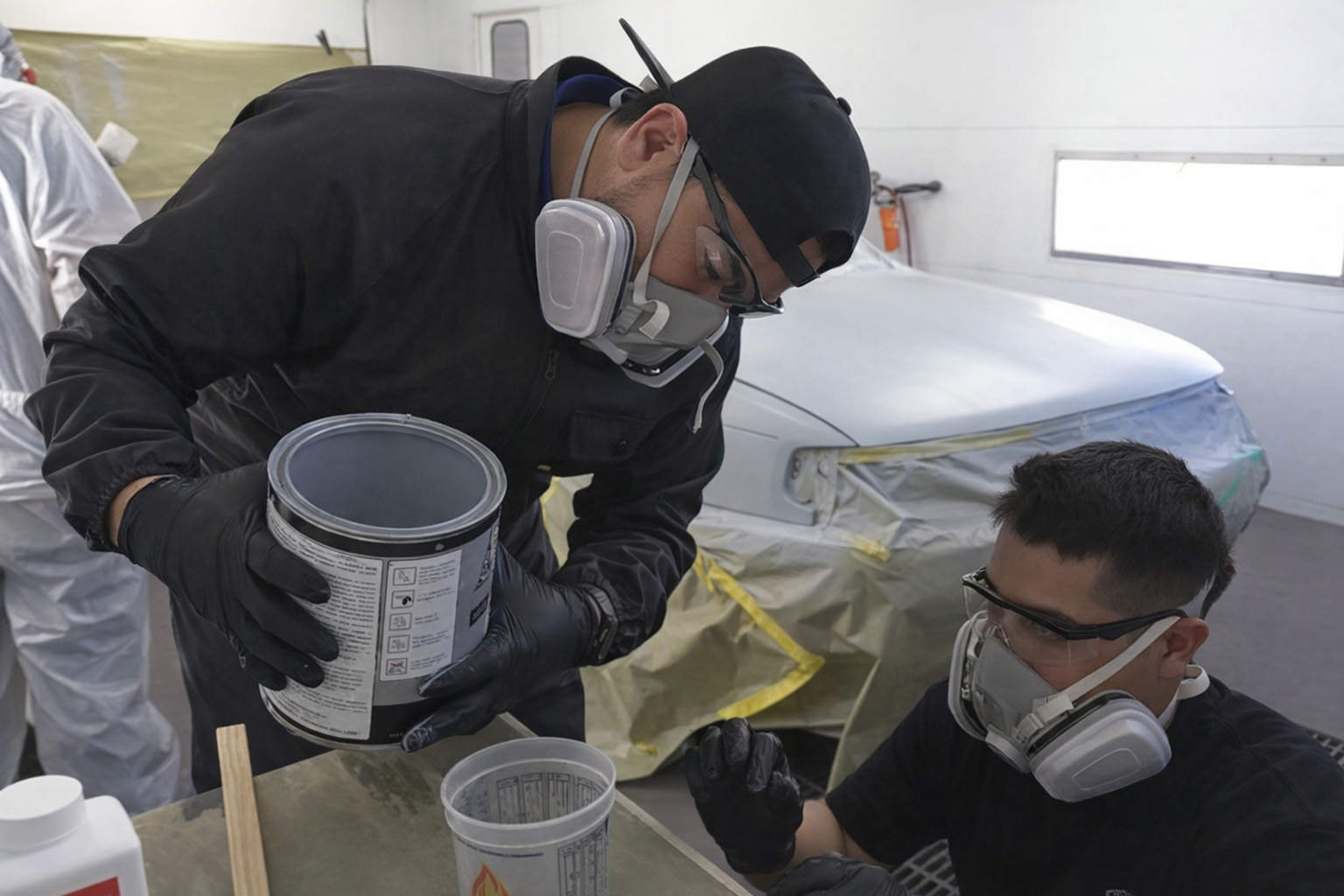 Cars with their hoods up in the autobody garage