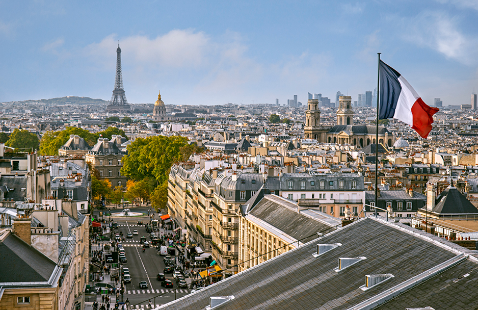 View of France with the French flag in the foreground 