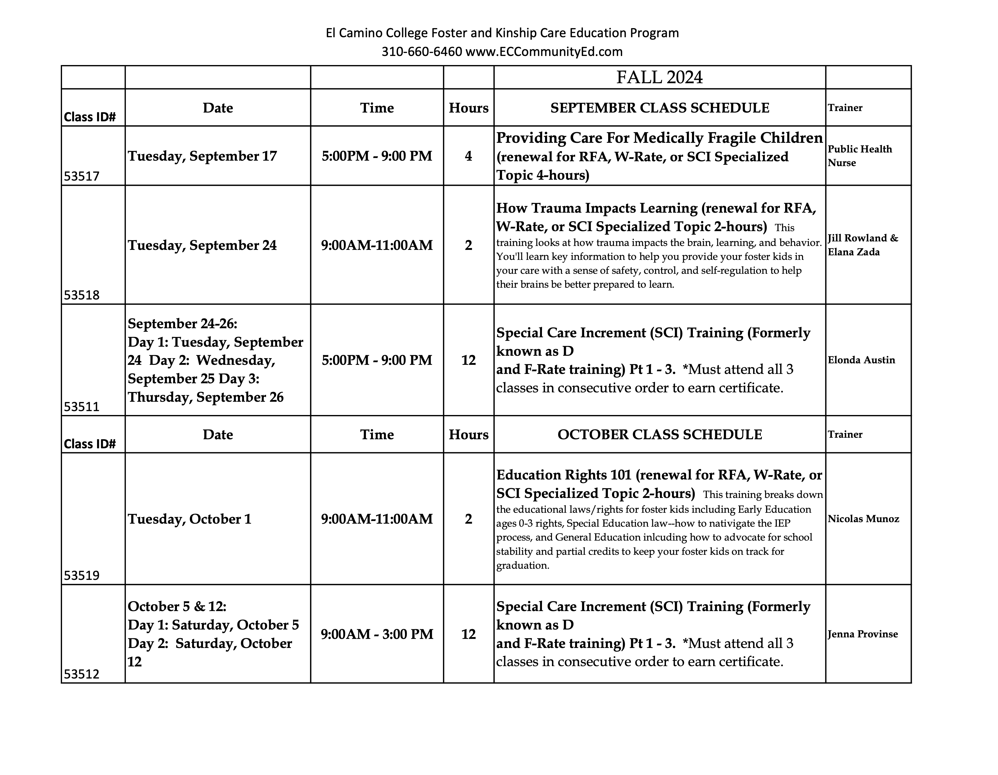 Fall 2024 Schedule