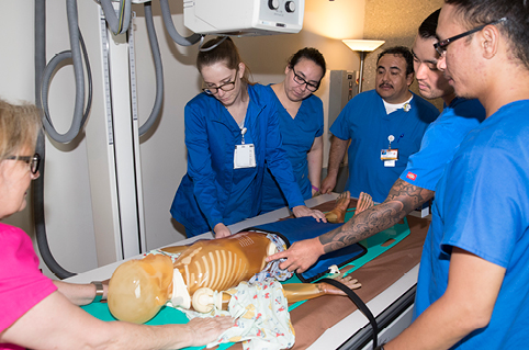 Students looking at a mannequin skeleton in class