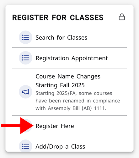 Register for Classes menu in MyECC
