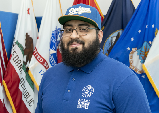 Daniel Contreras poses in the Veterans Resource Center Lobby.