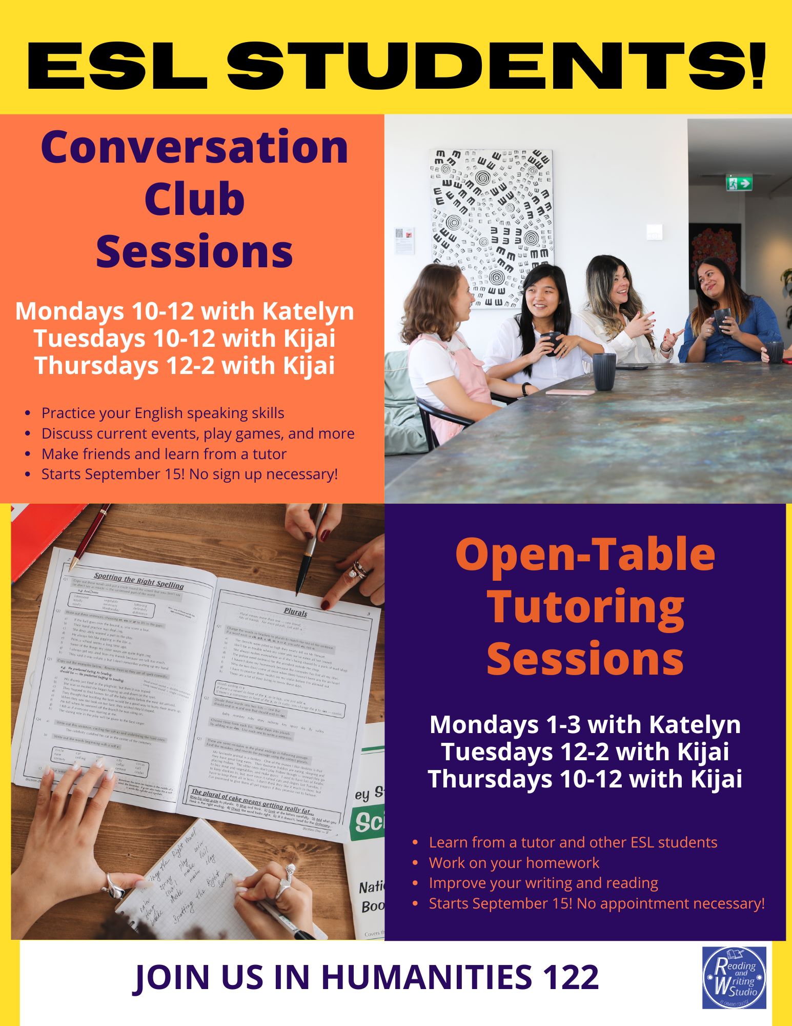 ESL Conversation Club and Specialized Tutoring for ESL Learners flyer