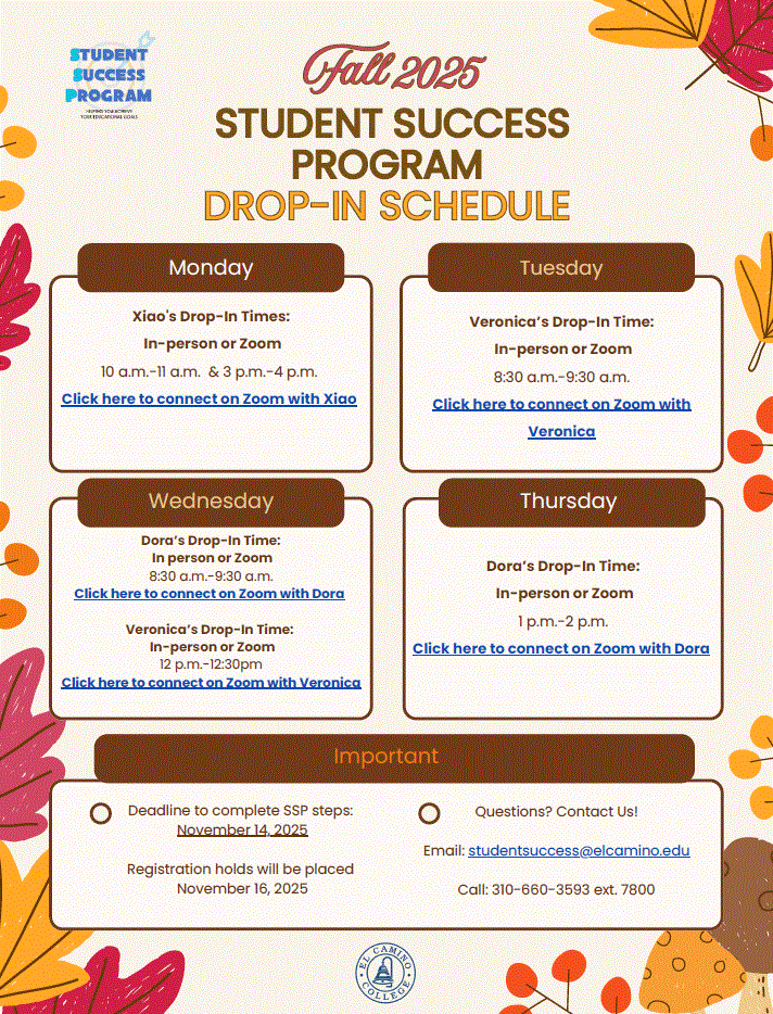 SSP Counselor's Fall 2025 Drop-In Schedule
