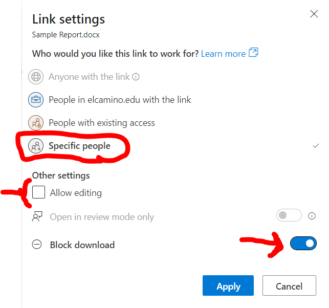 Select specific people and edit settings