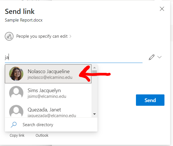 Pop up message for send link