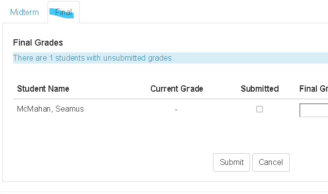 Image of the final grade submission tab in Canvas