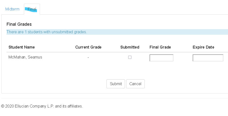 screen shot of grade submission page