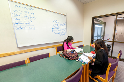 Two students studying in a library room